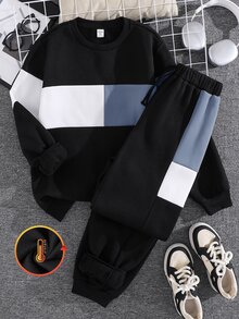 SHEIN 2件組青少年男孩拼色運動衫與長褲套裝，休閒學院風，舒適時尚簡約百搭，柔軟面料，適合日常穿著、上學、旅行、戶外運動，四季皆宜，秋季 - 霧霾藍 - 查看 3