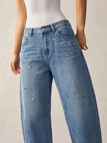 Bohemela Plus Size Women's Pocket Rhinestone Curved Leg Casual Denim Jeans Fall Clothes For Women - Medium Wash - View 8