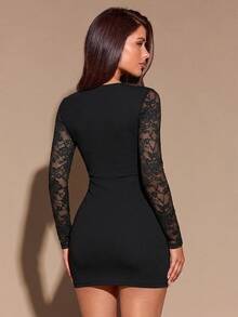SHEIN BAE Gaun Mini Wanita Warna Hitam Polos Lengan Panjang Leher Persegi dengan Potongan Renda untuk Musim Gugur/Dingin - Hitam - View 2