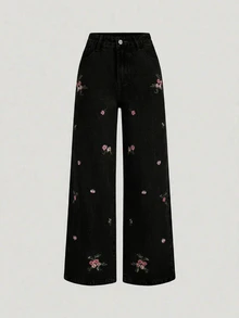 Sweetra Embroidered Casual Women's Jeans - Black - View 7