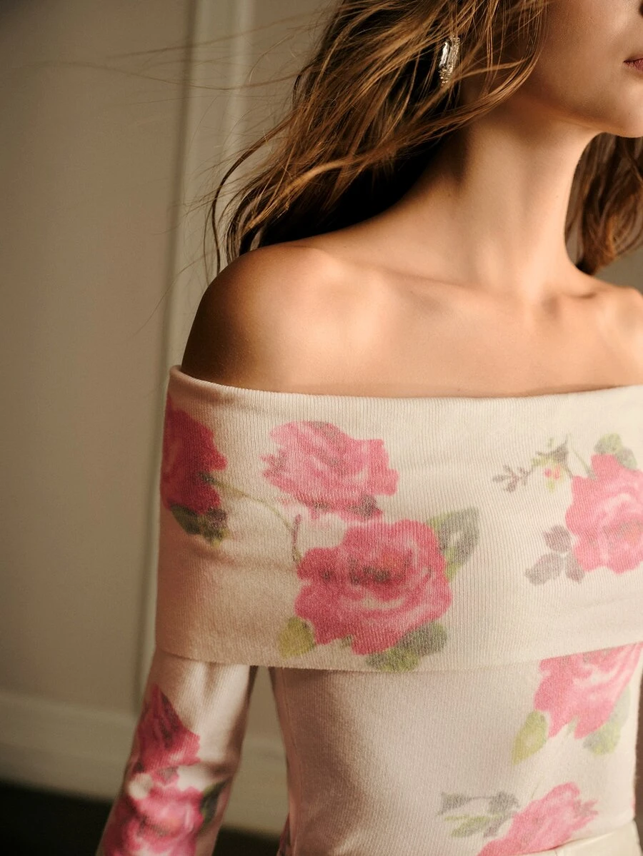 MOTF PREMIUM WOMEN'S FLORAL PRINT FOLDOVER OFF SHOULDER FITTED SWEATER - Apricot - View 2