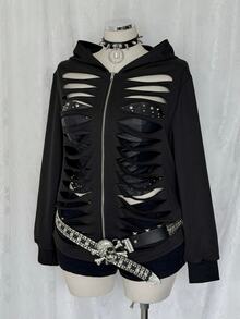 Sunspun Plus Size Distressed Hollow Out Cool Style Y2K Ripped Sweatshirt Halloween - Black - View 6