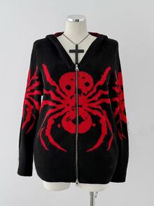 Sunspun Cardigan Rajut Ukuran Besar Wanita dengan Tudung dan Motif Laba-laba untuk Musim Dingin - Hitam - View 5