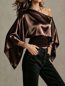 SHEIN 女款純色不對稱領時尚襯衫 - 卡其色 - 查看 4