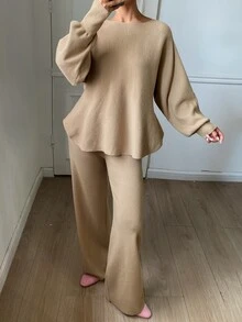 Livesso 女款秋冬優雅純色蝙蝠袖針織衫與針織長褲兩件套 - 杏色 - 查看 1
