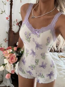 CottageSlumber Purple Tulip Lace Spaghetti Strap Jumpsuit, Criss-Cross Back Bow Sweet Home Sleepwear - White - View 5