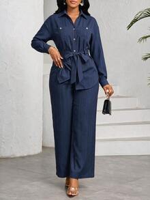 SHEIN Lady طقم نسائي كاجوال من قطعتين بلون موحد، قميص بأكمام طويلة وأزرار أمامية وبنطال - الأزرق - مشاهدة 6