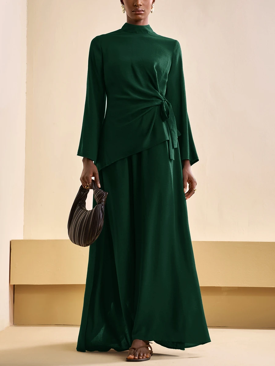 Zivah 2026 秋冬新年情人節派對晚宴約會聚會純色立領側腰結襯衫與裙子套裝 - 墨綠色 - 查看 1