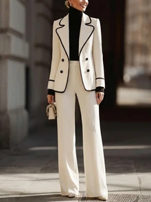 SHEIN Premium Contrast Trim Double-Breasted Blazer Suit Set For Women, Elegant Lapel Jacket With High-Waist Wide-Leg Trousers, 2 Pieces Commuter Outfit - Beige - View 4