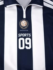 SHEIN 青少年女孩立領半拉鍊運動衫，海軍藍與白色拼接條紋，09號碼印花，寬鬆休閒運動長袖上衣，適合春秋季 - 彩色 - 查看 3