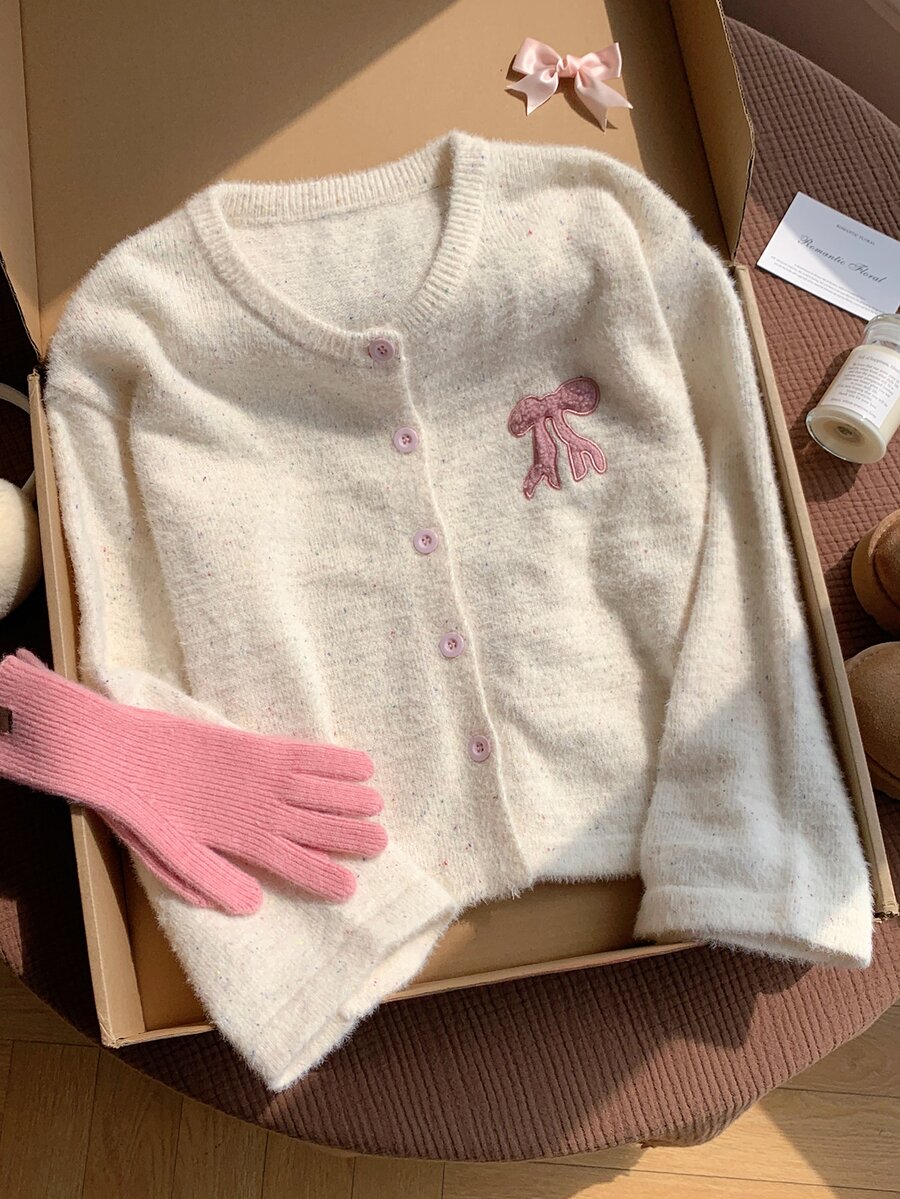 Comfortcana Women's Autumn/Winter Casual Cute Fairy Bow Embroidery Cardigan Brunch Pink - Apricot - View 1