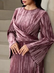Veilorie فستان نسائي أنيق بتصميم عربي بياقة دائرية وأكمام واسعة وتصميم متقاطع عند الخصر - وردي - مشاهدة 5