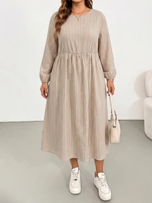 Shapeblank Women's Striped Textured Fabric Plus Size Round Neck Long Sleeve Apricot Dress, Suitable For Autumn, Party, Vacation, Date, Back To School - Khaki - View 4
