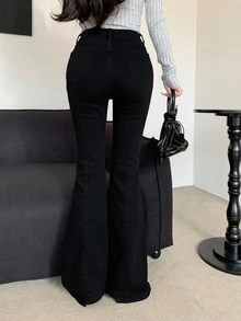 Dazy Designer 女款高腰口袋休閒百搭喇叭腿牛仔褲 - 黑色 - 查看 4