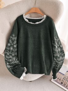 CosyJoli 大尺碼休閒花卉刺繡針織衫，秋冬款 - 墨綠色 - 查看 5