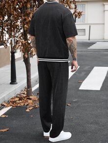 Manfinity CasualCool 男士條紋短袖襯衫與長褲休閒套裝 - 黑色 - 查看 2
