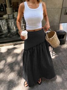 Siren Gaze 女款拼接荷葉邊休閒法式優雅條紋通勤A字裙，適合早午餐與茶會，黑白條紋 - 黑色 - 查看 4