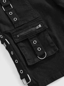 ROMWE Grunge Punk Dark Punk Metal Eyelet Decor Low Waist Tight Denim Shorts - Black - View 3