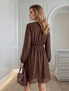 Medorina Women's Textured V-Neck Long Sleeve Elegant Dress - Brown - View 2