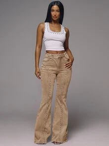MUSERA Mid-Waist Denim Overlap Button Flared Leg Stud Detail Jeans Sexy Boho Cute Holiday Ibiza Spring Summer Feminine Outing - Beige - View 1