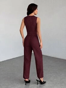 SHEIN PETITE 休閒無袖開襟背心與寬鬆長褲套裝，秋冬款 - 酒紅色 - 查看 3