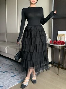 DAZY Autumn/Winter Round Neck Black Fitted Top With Mesh Patchwork Layered Ruffle Hem Elegant Romantic Party Date Women's Mid-Length Dress - Black - View 3