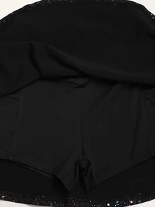 SHEIN 少女休閒運動體操瑜伽亮面優雅高彈性銀箔街頭風運動裙 - 黑色 - 查看 6
