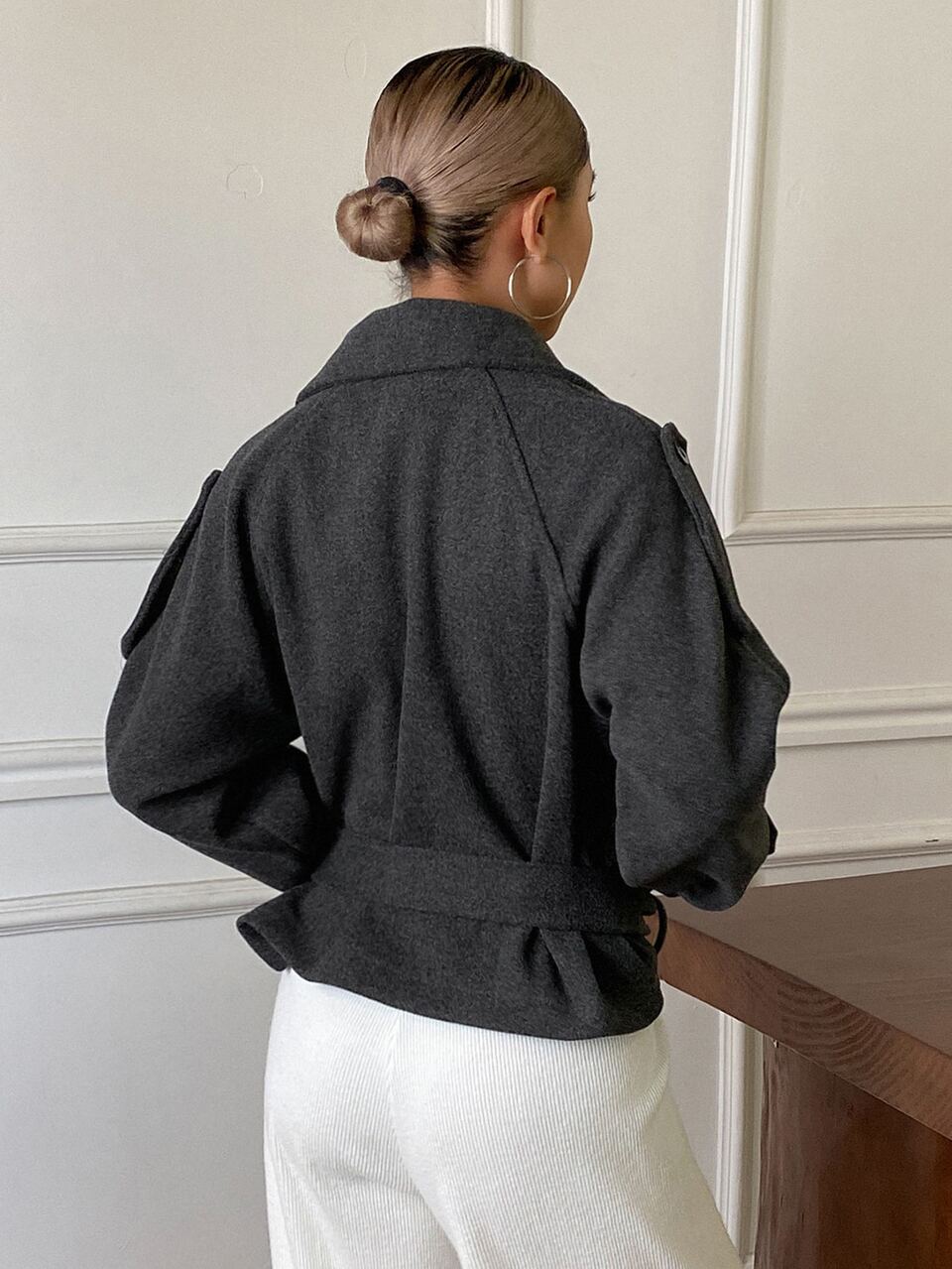 Dark Gray Lapel Double-Breasted Tie Waist Loose Short Casual Autumn/Winter Overcoat