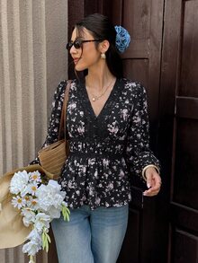 Serisse 女款花卉圖案對比蕾絲V領長袖時尚襯衫 - 黑色 - 查看 3