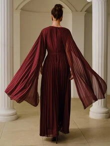 ZEYLAH Elegant Party Solid Color Pleated Cape Sleeve Dress - Burgundy - View 3