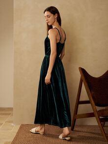 MOTF PREMIUM WOMEN'S VELVET PATCHWORK SHEER MESH LACE WAIST-CINCHING CAMISOLE SLEEP DRESS - Green - View 4