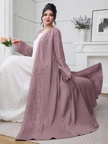Al Najma 女款長版寬鬆休閒日常蕾絲飾邊黑色晨袍 - 粉色 - 查看 7