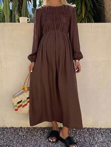 Dazy Maternity Solid Color Fitted Waist Ruched Pleated Long Sleeve Elegant Vacation Korean Style Autumn/Winter Maternity Dress - Brown - View 4