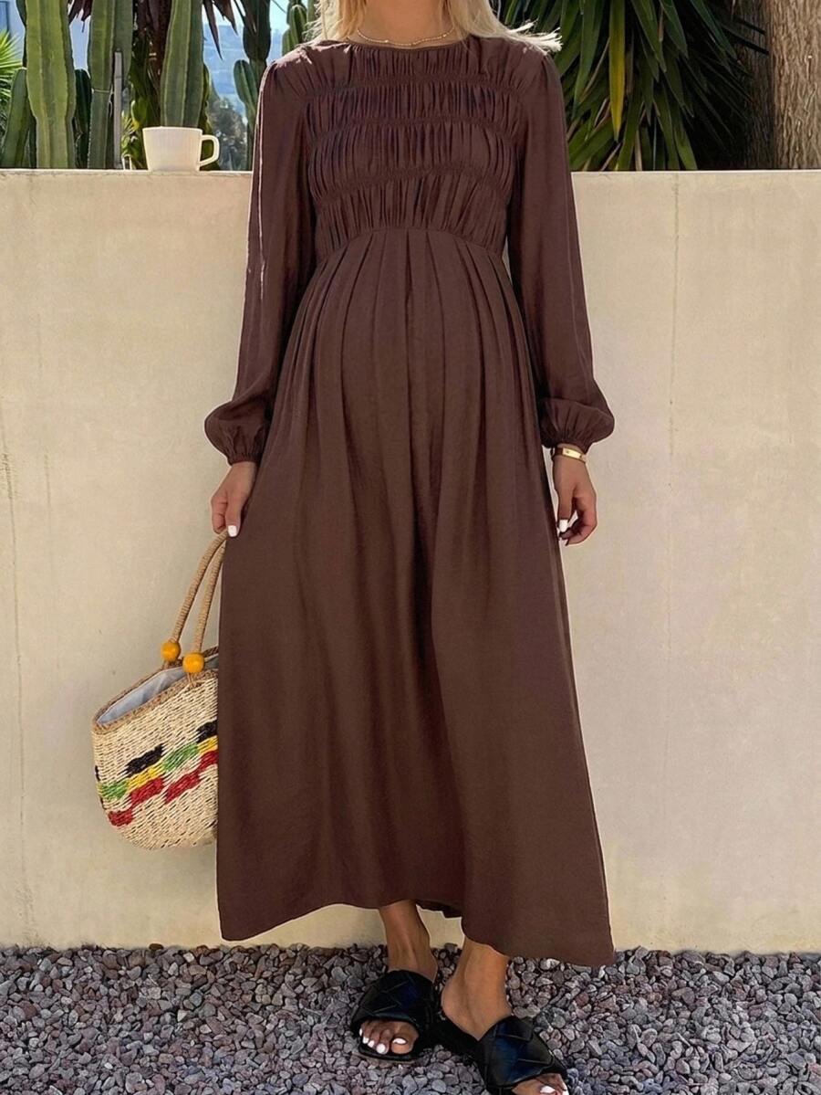 Dazy Maternity فستان حمل أنيق بخصر ضيق وتجاعيد وكسرات وأكمام طويلة بلون موحد، بأسلوب كوري، مناسب للعطلات، لفصل الخريف/الشتاء - بني - مشاهدة 1