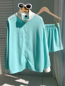 Comfortcana Fall Back To School Preppy Campus Zip Up Stand Collar Side Stripe Mint Green White 3 Pieces Athleisur - Mint Green - View 3