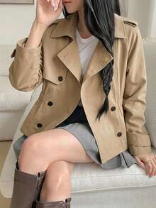 DAZY 女款純色雙排扣長袖休閒風衣外套，秋冬款 - 卡其色 - 查看 4