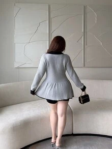 Vibekara Plus Size Women's Autumn/Winter New Colorblock Long Sleeve Single-Breasted Knit Cardigan - Grey - View 2