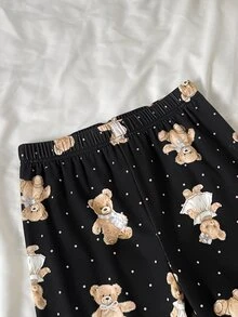 SHEIN Tween女孩秋冬日常居家甜美卡通螢光波點卡通熊蝴蝶結印花長袖套頭上衣與配套長褲套裝，2件式黑色修身居家服套裝 - 黑色 - 查看 6