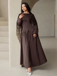 Veilorie Gaun Panjang Elegan Wanita dengan Desain Selendang Renda Kontras - Coffee Brown - View 7
