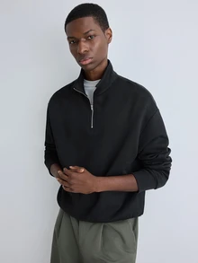 Merionis Men's Solid Color Zipper Design Long Sleeve Casual Pullover Sweatshirt - Black - View 5