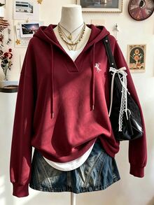 Lalippa Women's Knight Print Drop Shoulder Long Sleeve Casual Drawstring Hooded Sweatshirt - Grey - View 1