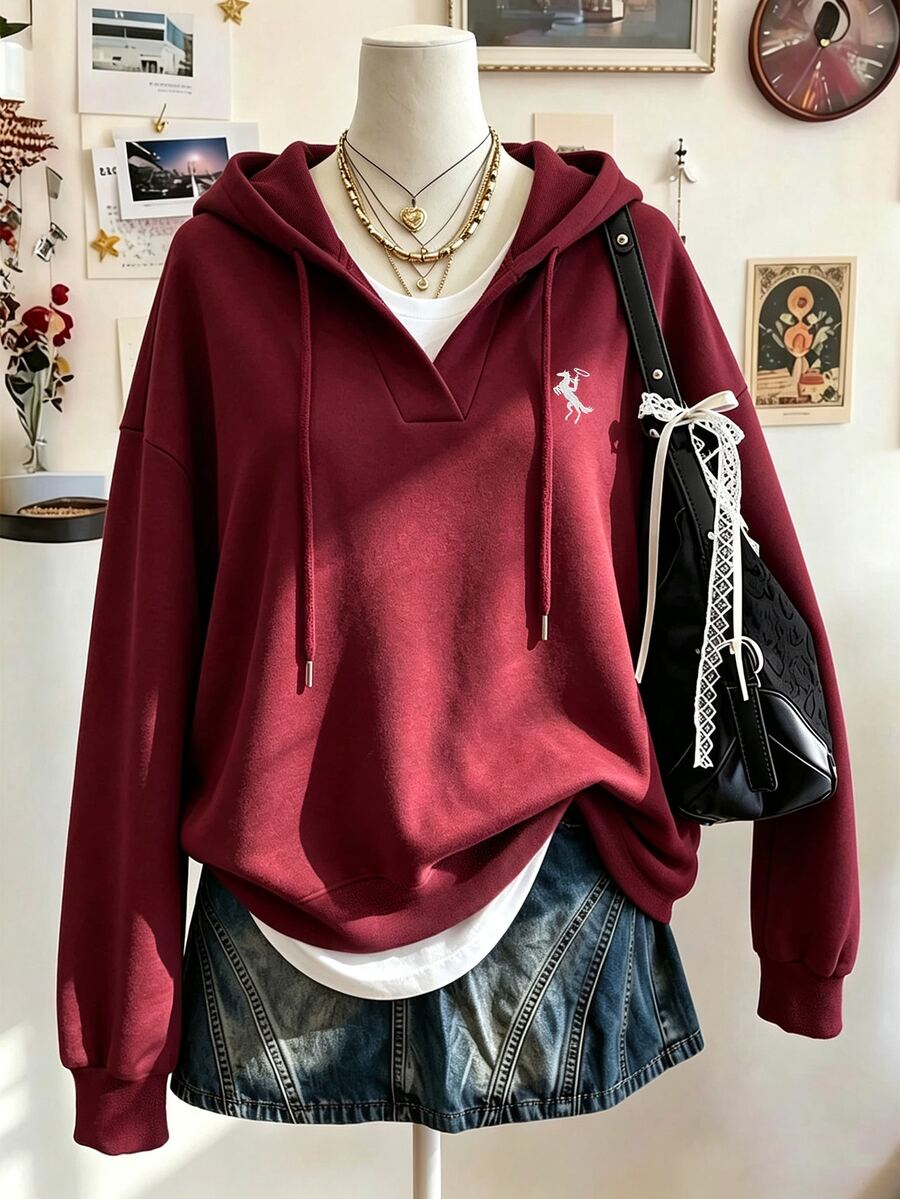 Lalippa Women's Knight Print Drop Shoulder Long Sleeve Casual Drawstring Hooded Sweatshirt - Grey - View 1