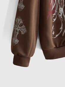 ROMWE Grunge Punk Women's Vintage Y2K Vine Cross Punk Open Front Loose Sweatshirt - Coffee Brown - View 4