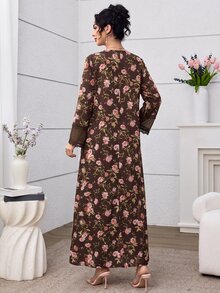 Yasmyna V領雪紡蕾絲拼接粉色花卉印花洋裝附頭巾 - 棕色 - 查看 5