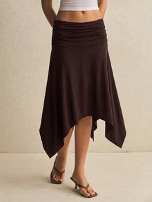 Poéselle Women's Elegant Solid Color Asymmetric Hem Skirt - Coffee Brown - View 5