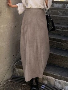 FRIFUL Rok Rajut Polos Kasual Wanita, Musim Gugur/Dingin - Khaki - View 4