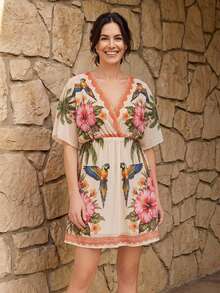 SHEIN Swim Curve 2026夏季新款女款大尺碼寬鬆交叉V領中長款網紗印花休閒罩衫 - 彩色 - 查看 1