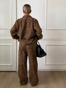 Livesso Brown Leopard Print Lapel Long Sleeve Single-Breasted Shirt With Matching Wide Leg Pants Casual 2 Pieces Set Fall - Black - View 4