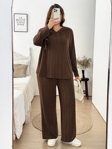 Easowa Curve Plus Size Autumn/Winter Casual Solid Color Hoodie & Pants 2 Pieces Set - Coffee Brown - View 3