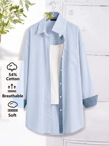 EMERY ROSE Áo sơ mi kẻ sọc thường ngày size lớn cho mùa thu - Màu xanh lam - Xem 3